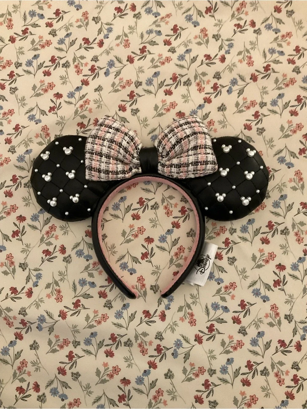 Disney Black Quilted Pearl Minnie Ear Headband with Pink Plaid Bow
